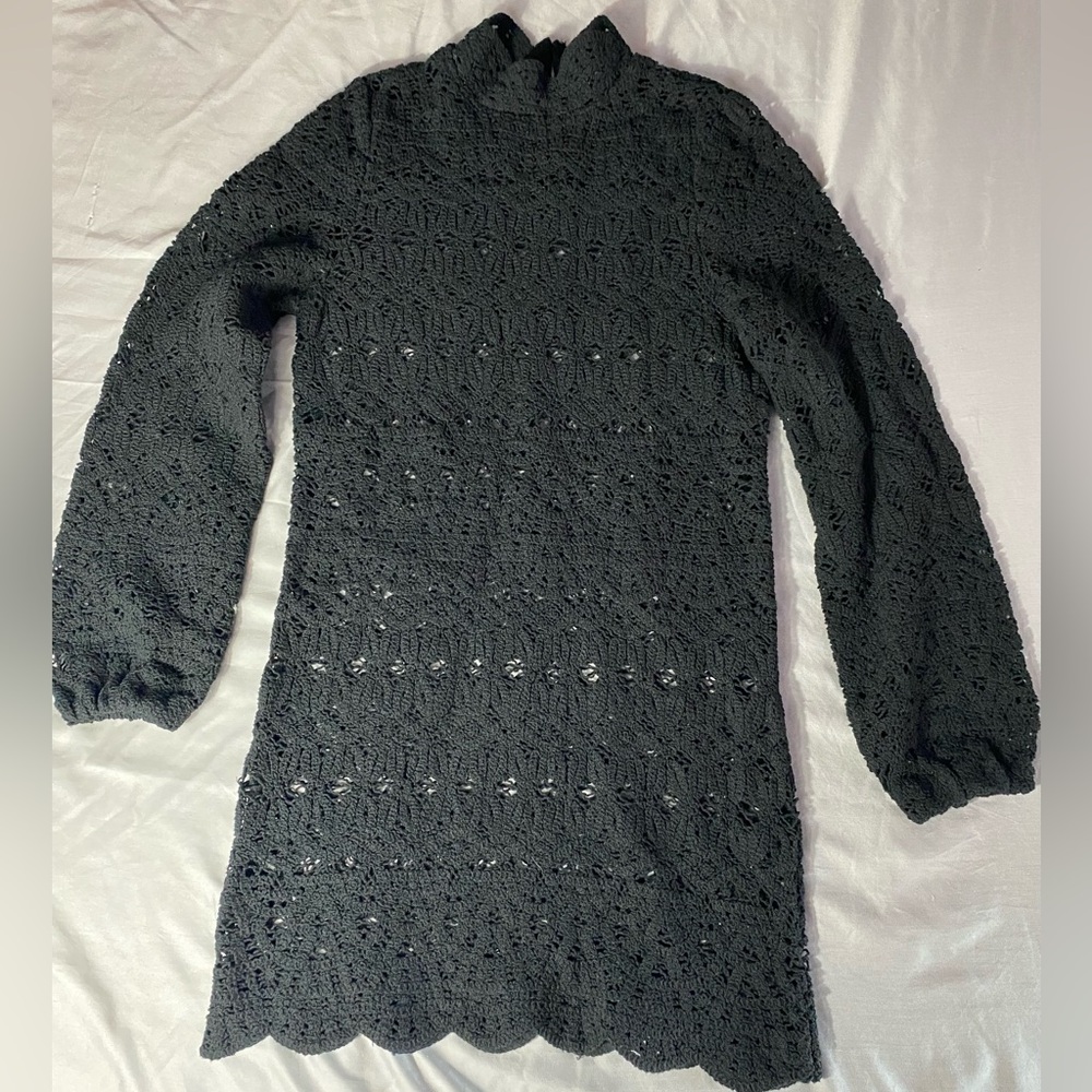 Vintage Thick Black Crochet High Neck Long Balloon Sleeve Dress XS Knee Length